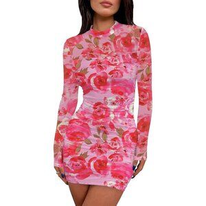 Women's Pink Floral Print Long Sleeve Ruched Bodycon Neck Mini Party Dresse